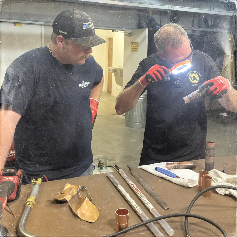 Plumbers testing soldering and brazing coupons.