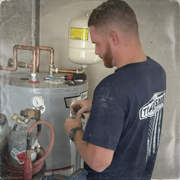 A plumber services a water heater in Pensacola.